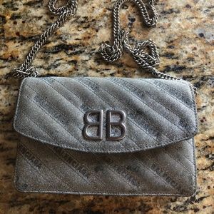 Balenciaga BB Silver Glittered Leather Wallet on Chain Bag